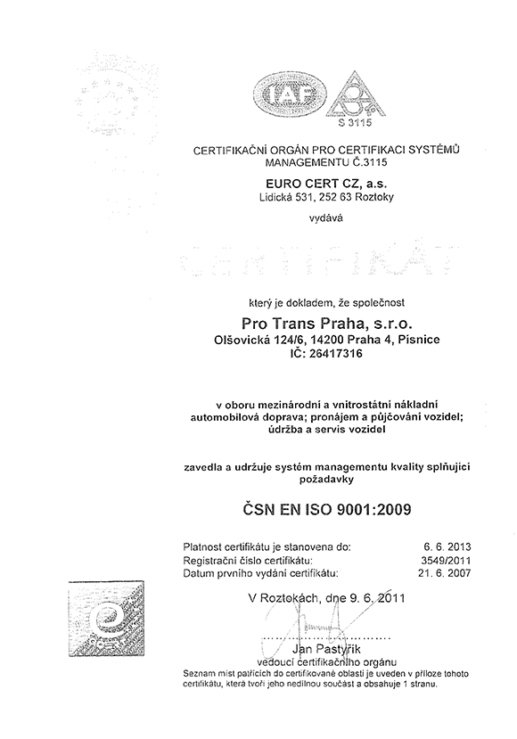 Certifikace Euro Cert CZ - ISO 9001:2009